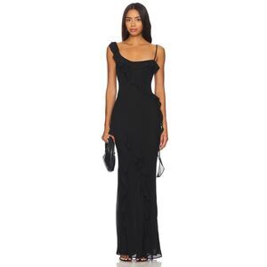 MAJORELLE Black Ruffled Maxi Slip Dress